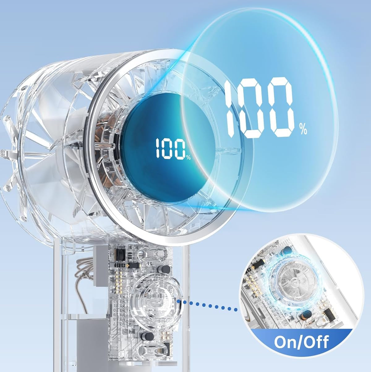 Portable Fan Mini Handheld Turbo Fan for Travel, 20H Max Cooling Time, 1-100 Speeds Rechargeable Battery Fans with LED Display, Transparent Hand Held & Desk Personal Fans for Outdoor Beach